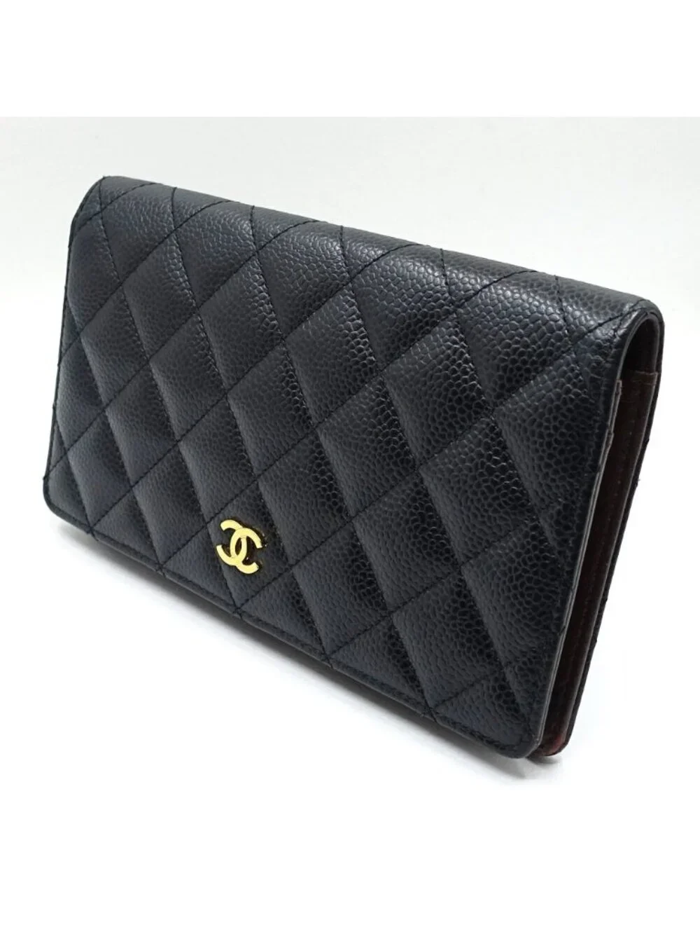 Chanel Quilted Bifold Wallet Black Gold Caviar Leather CC Logo